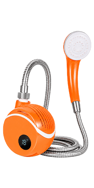 AquaTrail portable shower shown with its key features