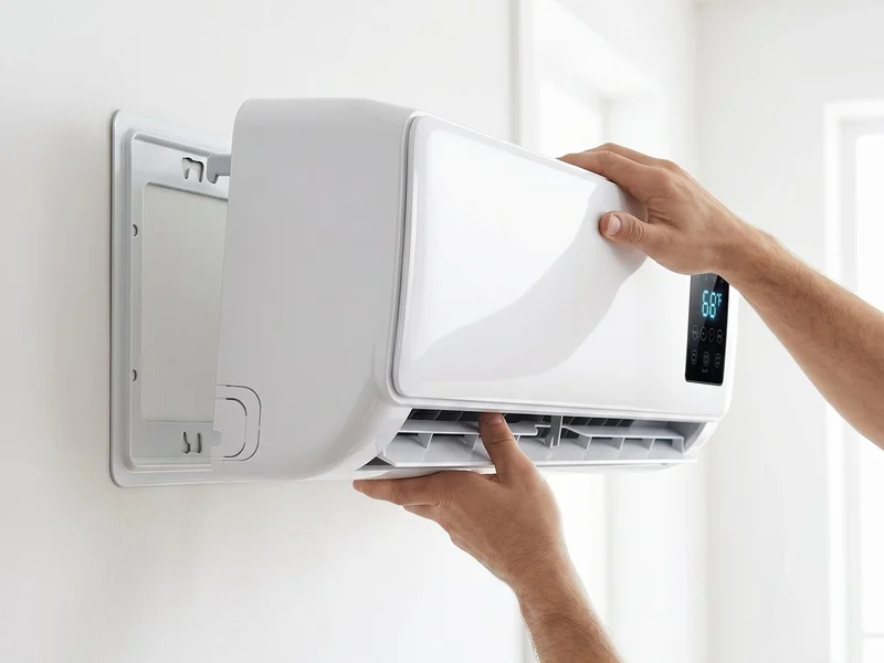 Bedroom with wall-mounted air conditioner running