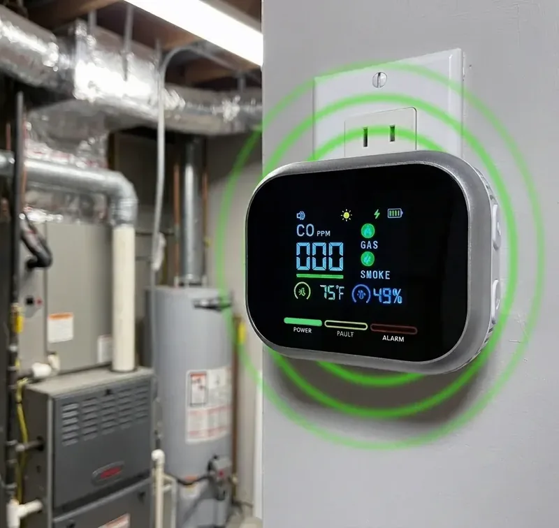 Plug-in carbon monoxide detector with digital display in a hallway outlet