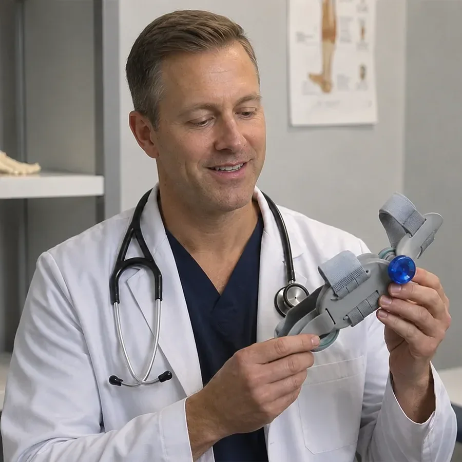 A clinician holding a hinged bunion splint