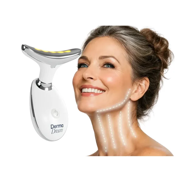 Dispositivo MyoGlow Neck Restore junto a una mujer sonriente con la mandíbula definida
