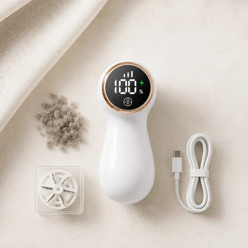 Electric fabric shaver with LCD display, collected lint, spare blade and USB-C cable