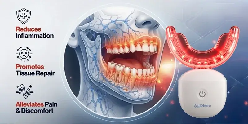 Glokore OralCare Plus mouthpiece showing red, blue and near-infrared LEDs