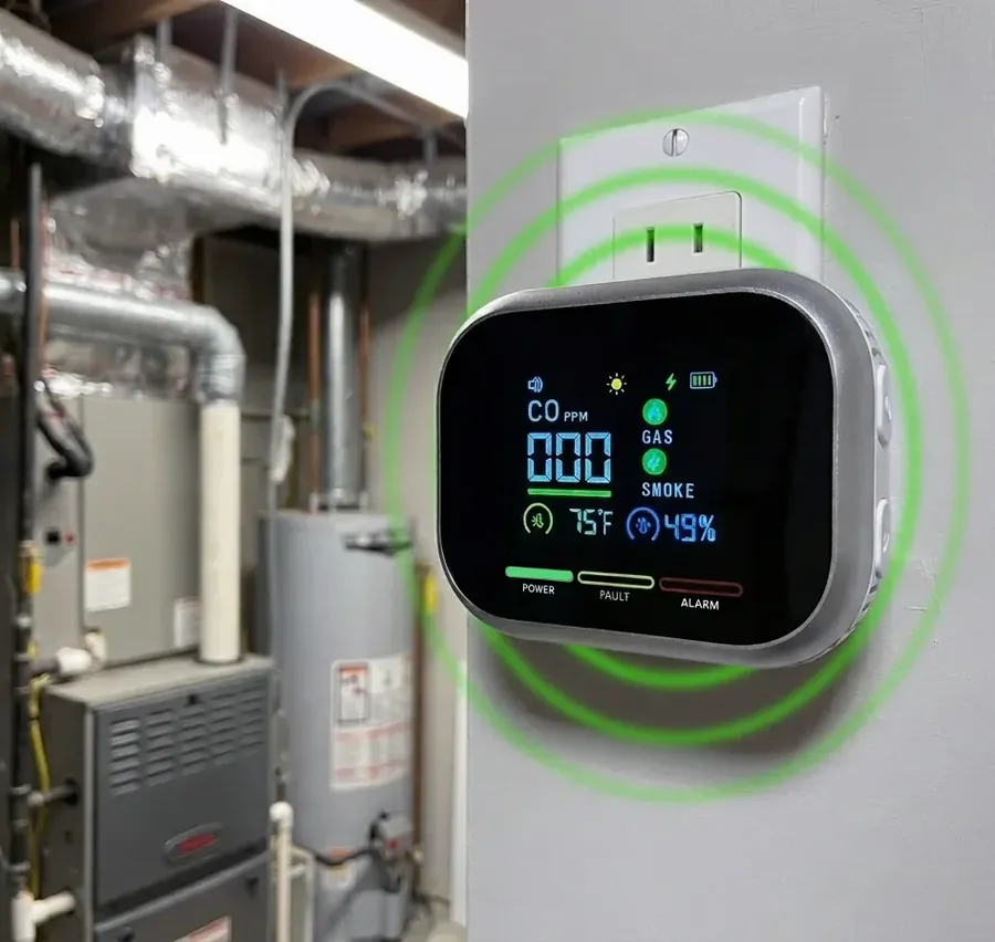 The detector plugged into a wall outlet