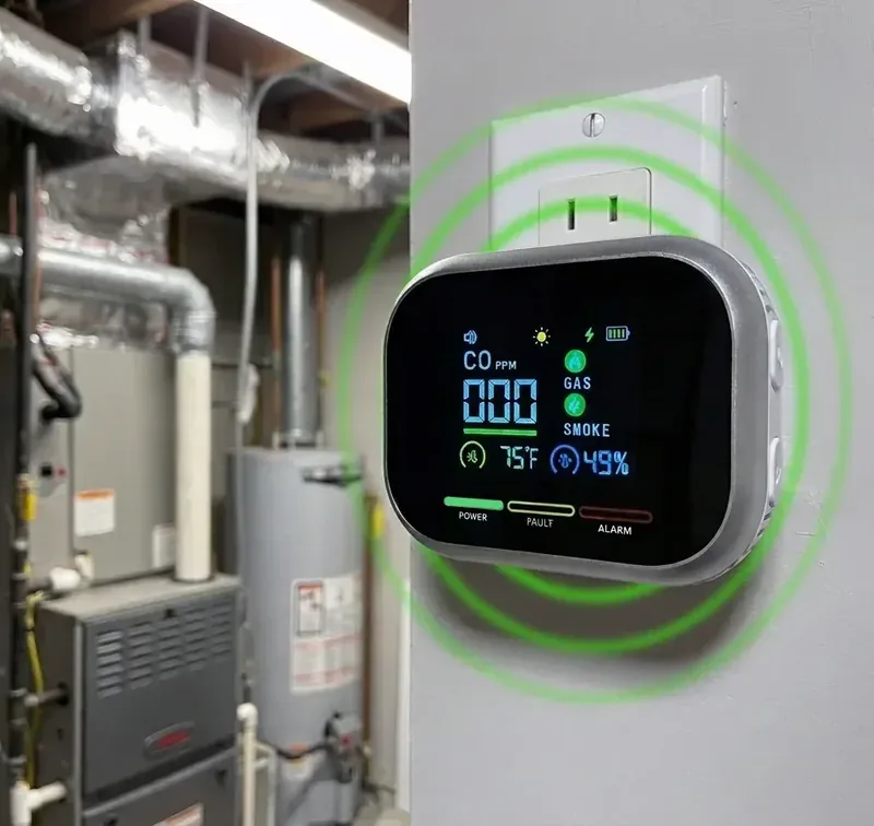 CarbonOne Safe plug-in detector showing a live digital readout
