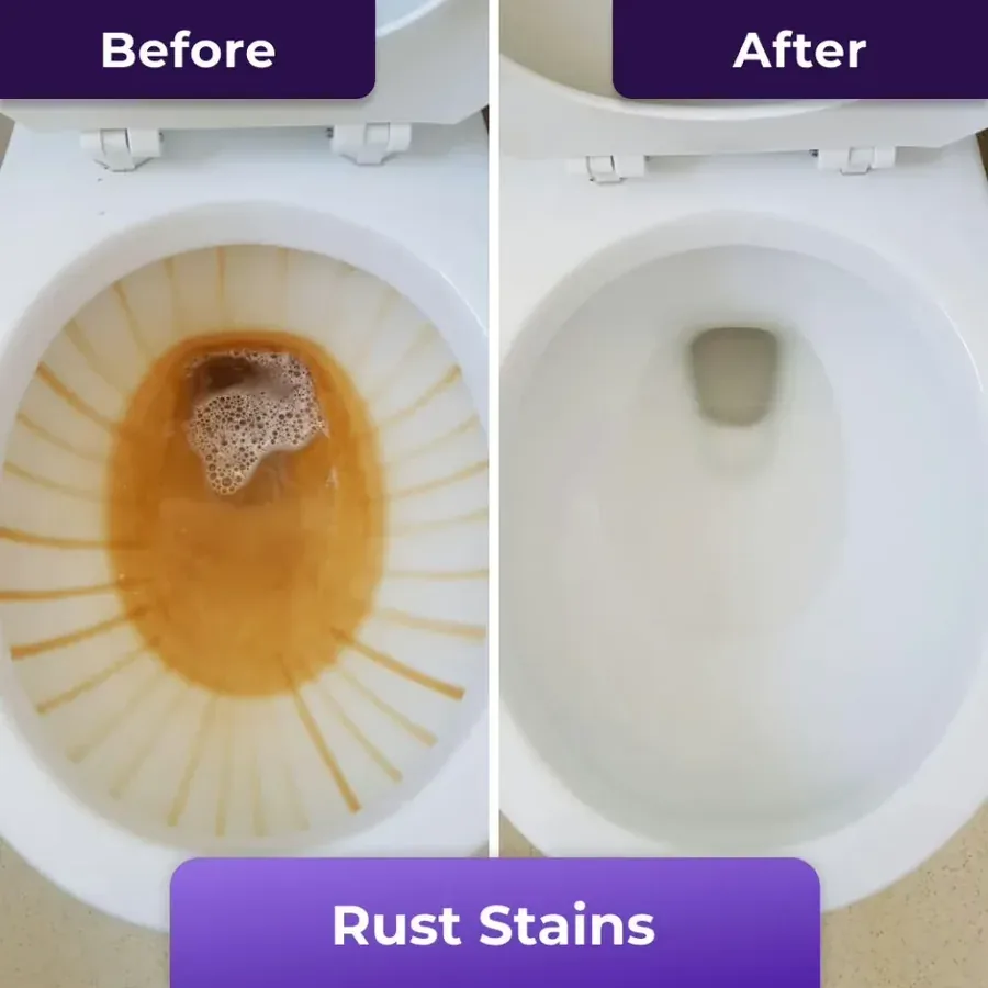 A toilet bowl before and after cleaning