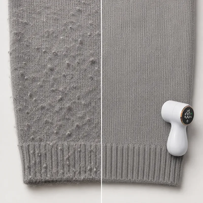 A pilled knitted sleeve beside the same sleeve after shaving
