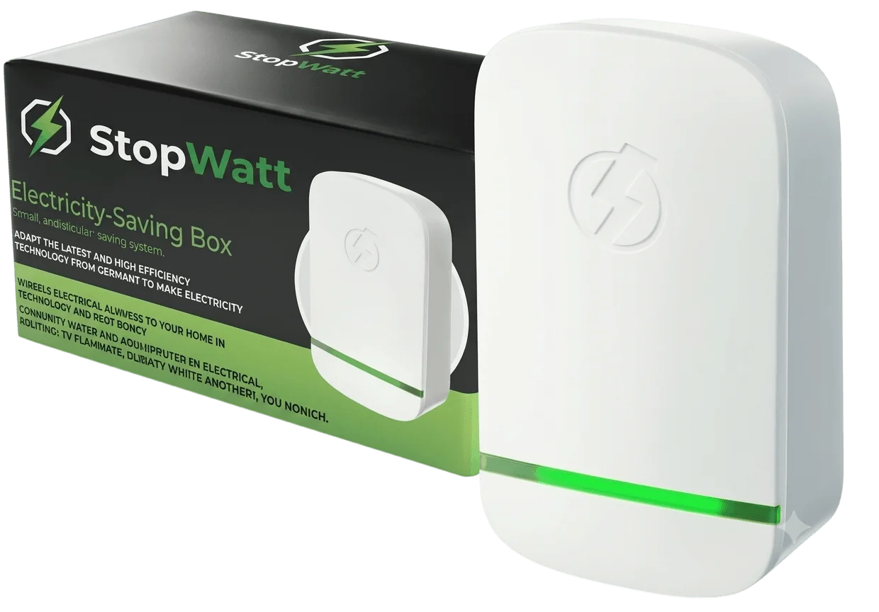 Close-up of the white StopWatt voltage stabilizer unit with its green LED status light